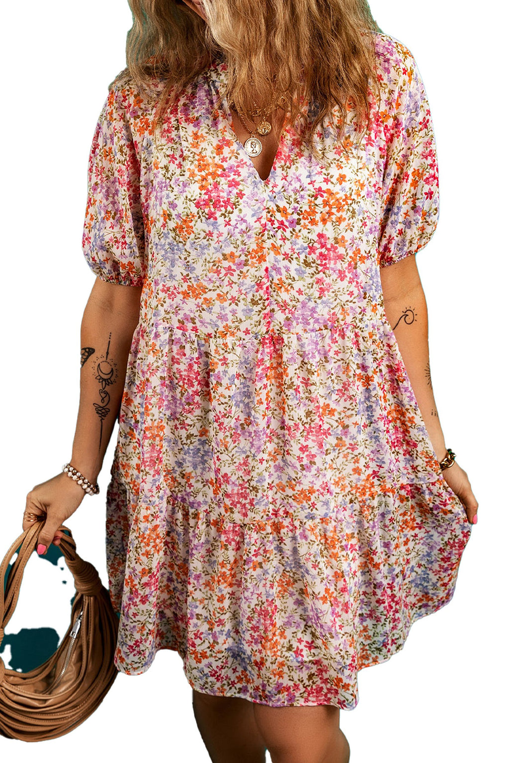 LuckeLadybug red floral puff sleeve mini dress with a playful floral pattern and tiered skirt.