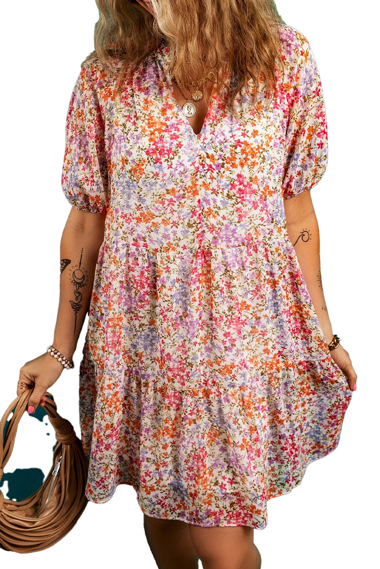 LuckeLadybug red floral puff sleeve mini dress with a playful floral pattern and tiered skirt.