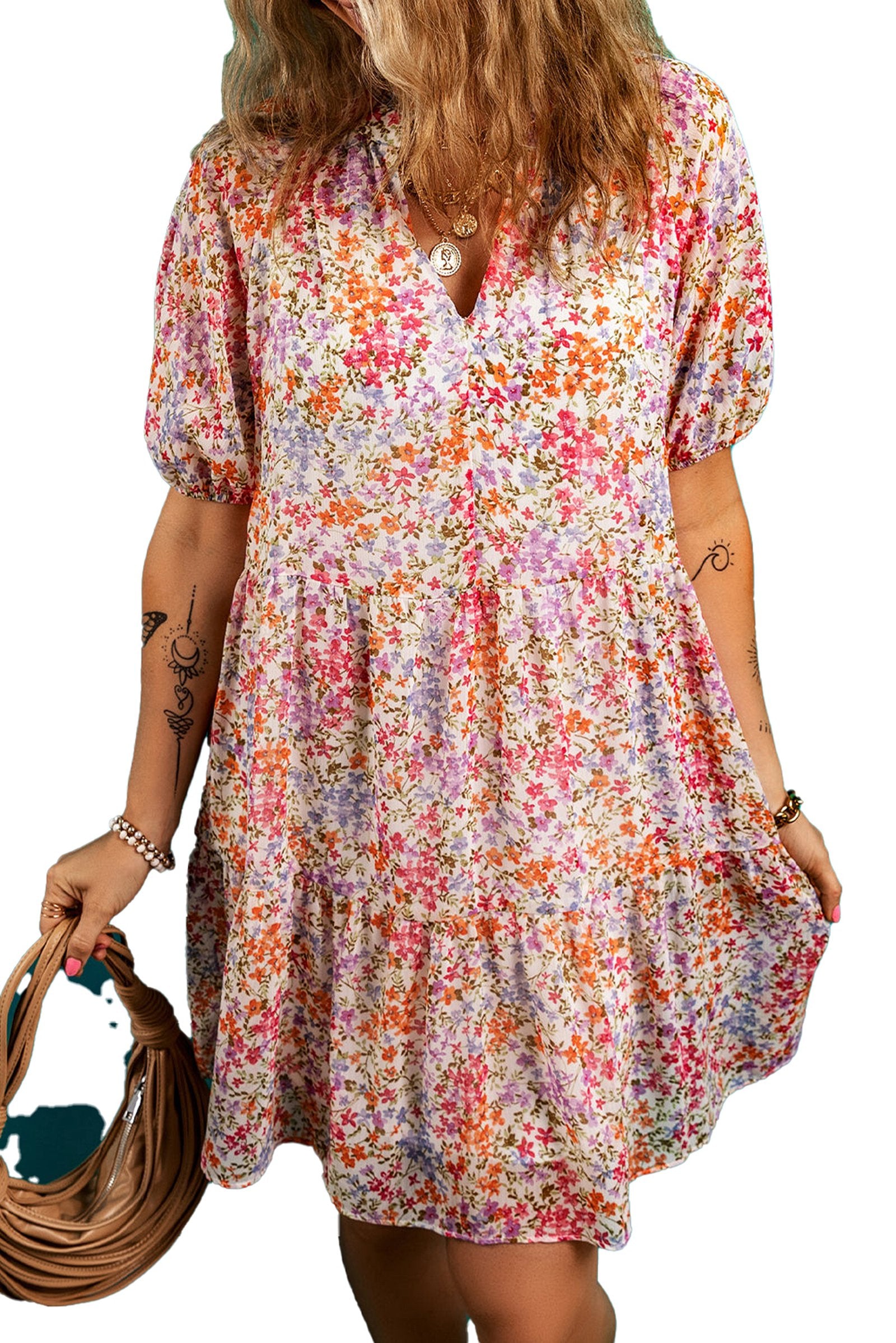 LuckeLadybug red floral puff sleeve mini dress with a playful floral pattern and tiered skirt.