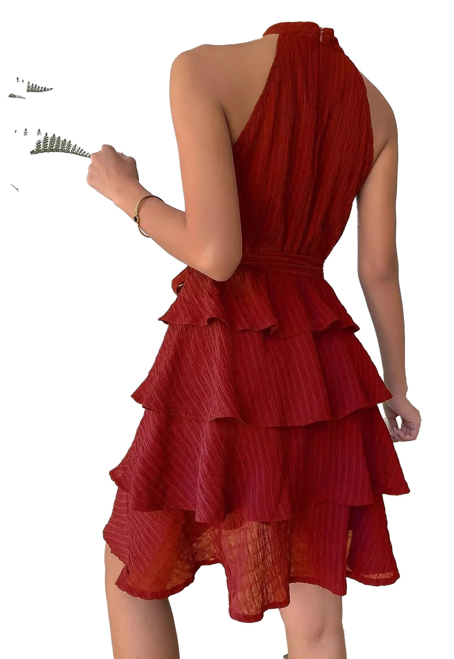 Back view of a red halter mini dress for women with tiered ruffle design by LuckeLadybug LLC