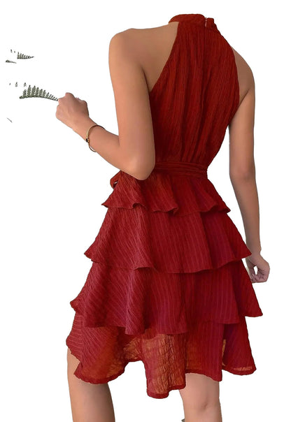 Back view of a red halter mini dress for women with tiered ruffle design by LuckeLadybug LLC