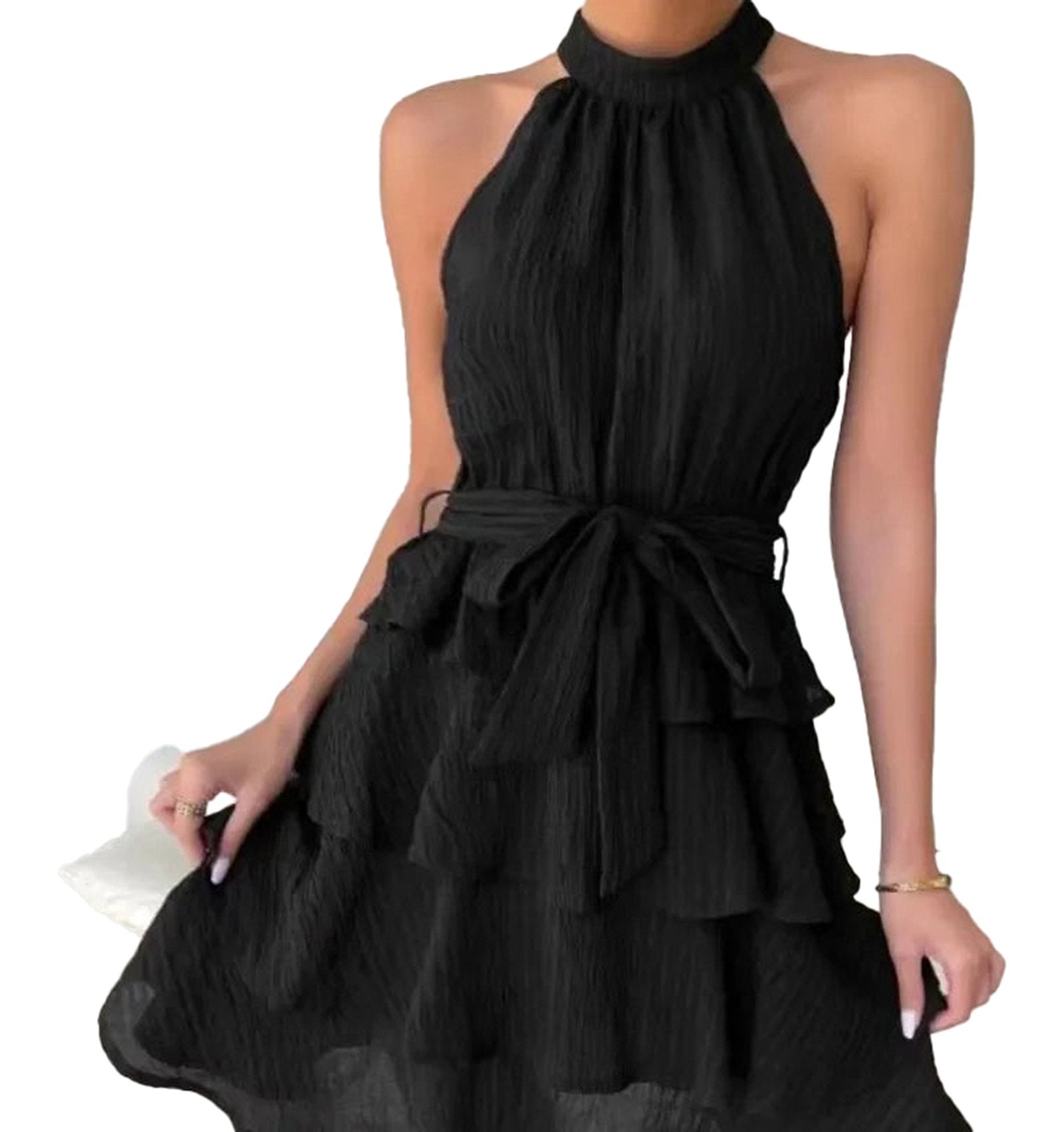 Stylish black halter mini dress for women with tiered design and tie waist from LuckeLadybug LLC