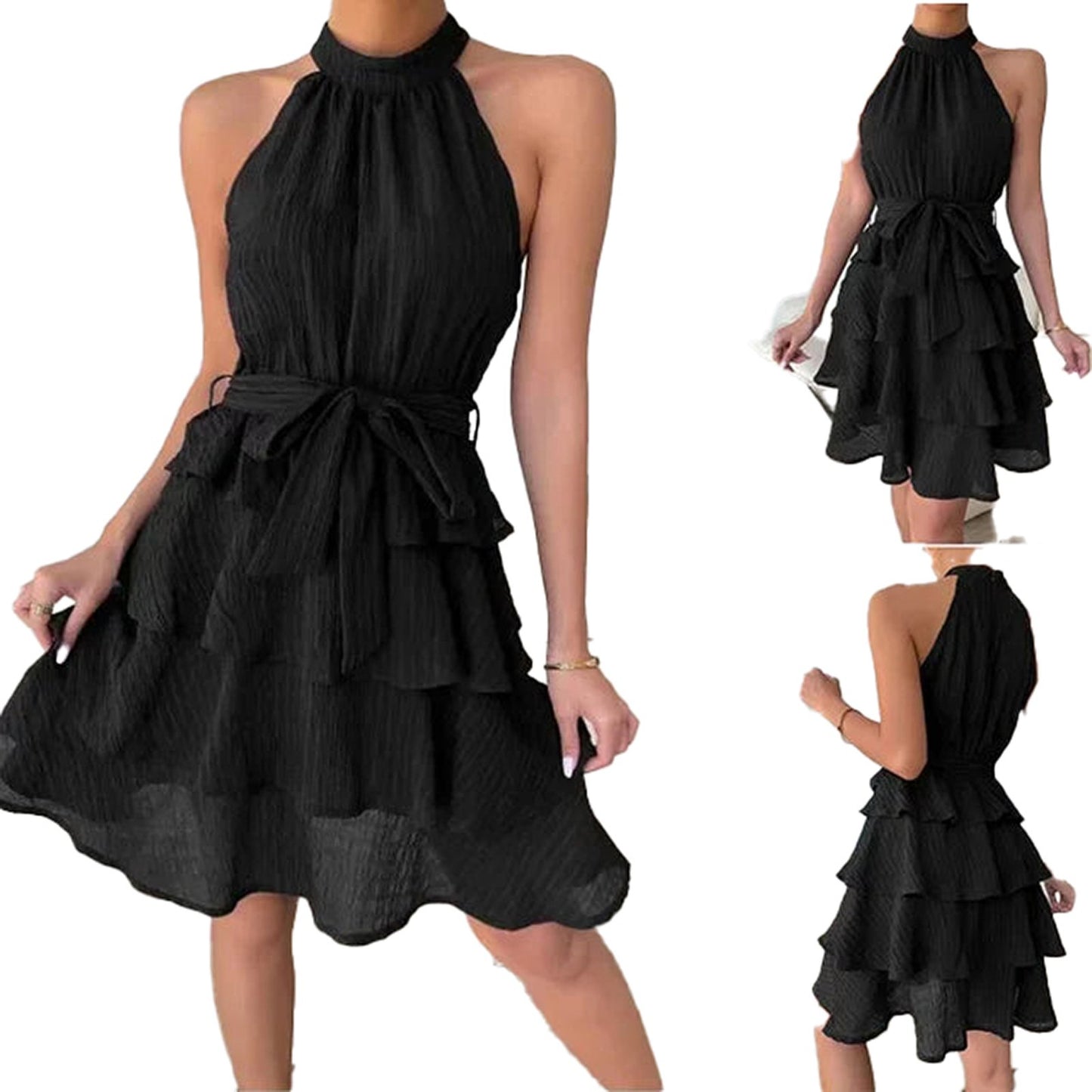 Black halter mini dress for women with layered design and a tied waist, perfect for summer outings