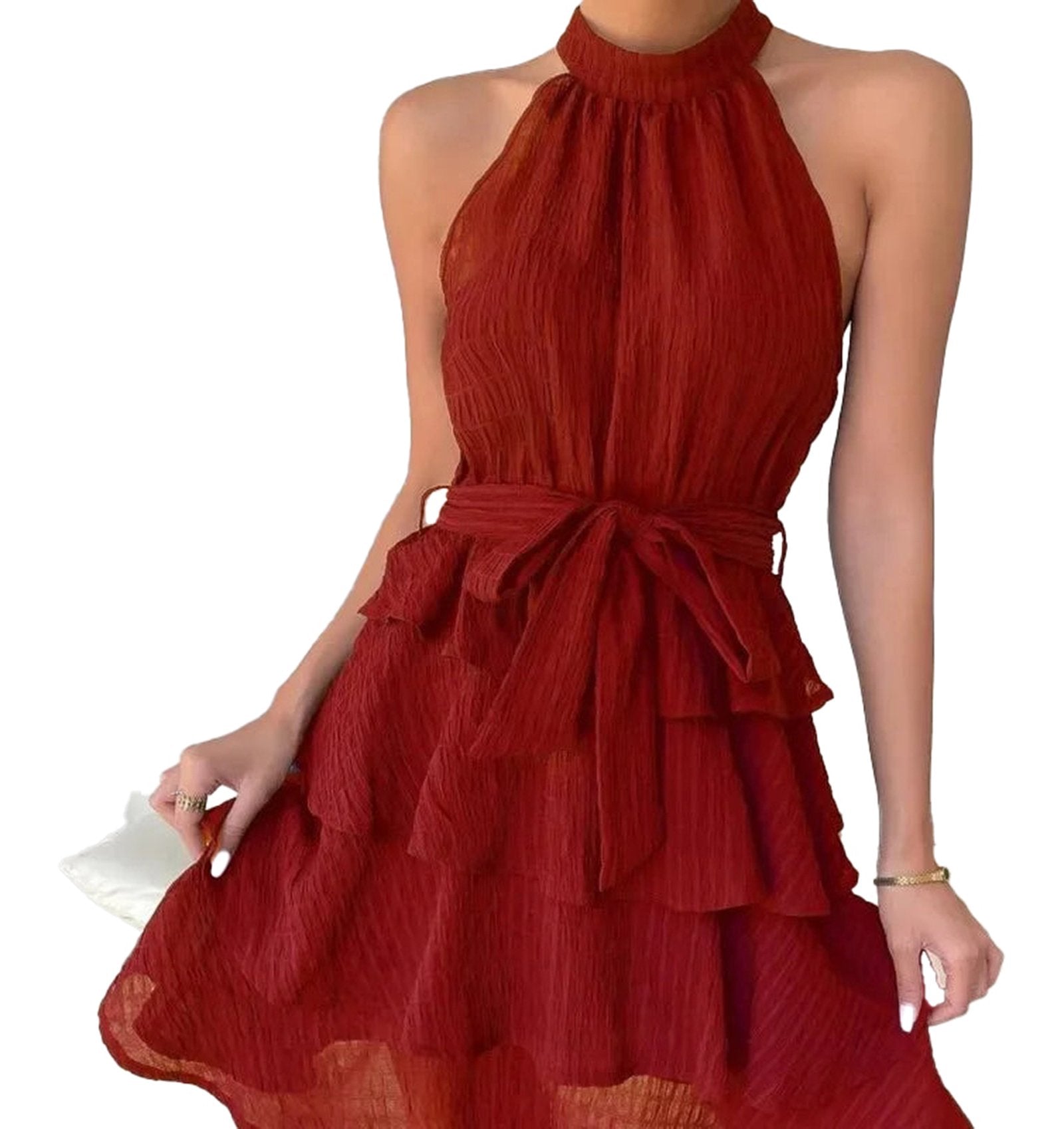 Stylish red halter mini dress for women with ruffle details and a tie waist for a flattering fit