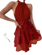 Red halter mini dress for women with tiered ruffle hem and adjustable tie waist from LuckeLadybug LLC
