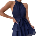 Stylish red halter mini dress for women with a flowy design and a tie waist detail