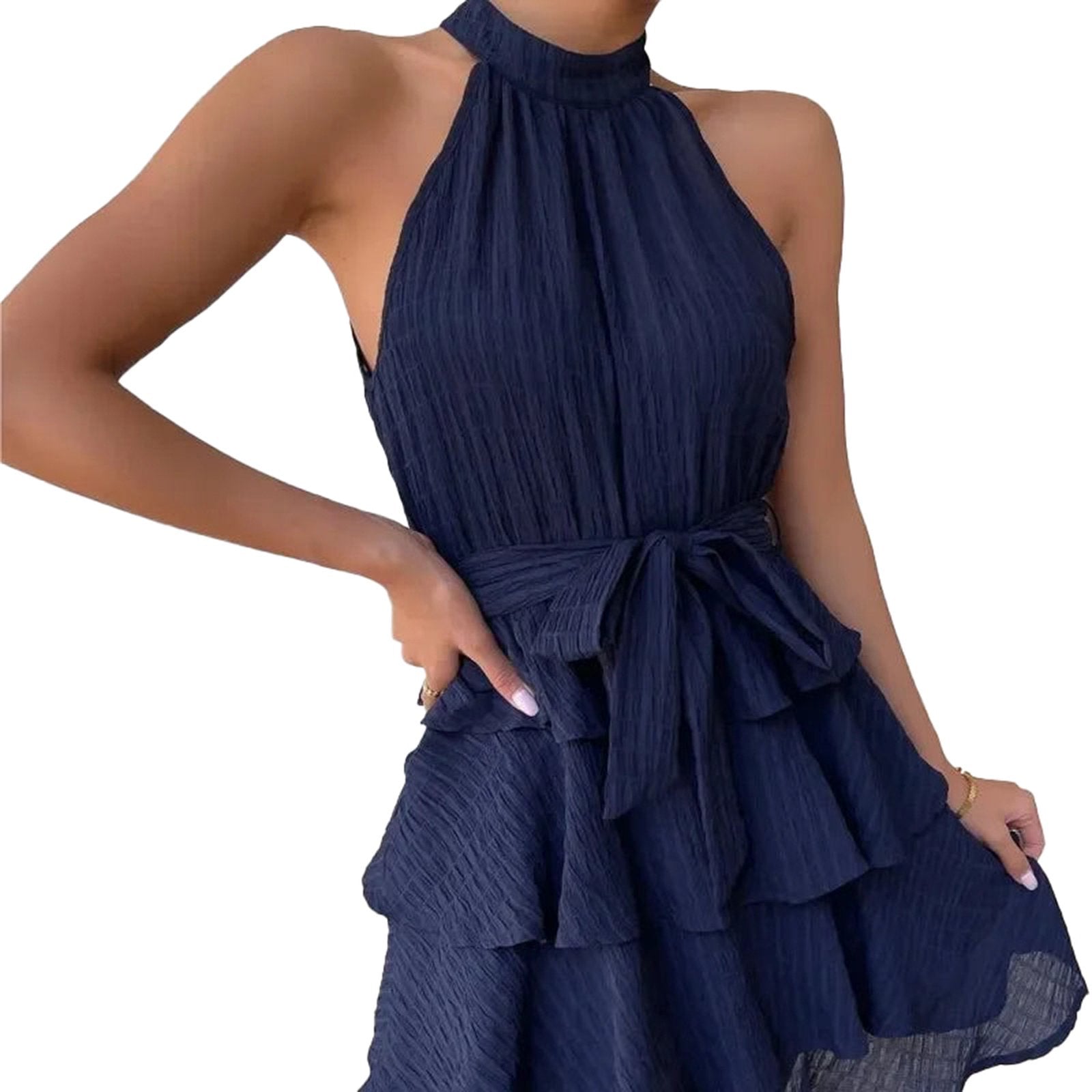 Stylish red halter mini dress for women with a flowy design and a tie waist detail