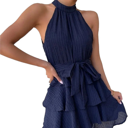 Stylish red halter mini dress for women with a flowy design and a tie waist detail