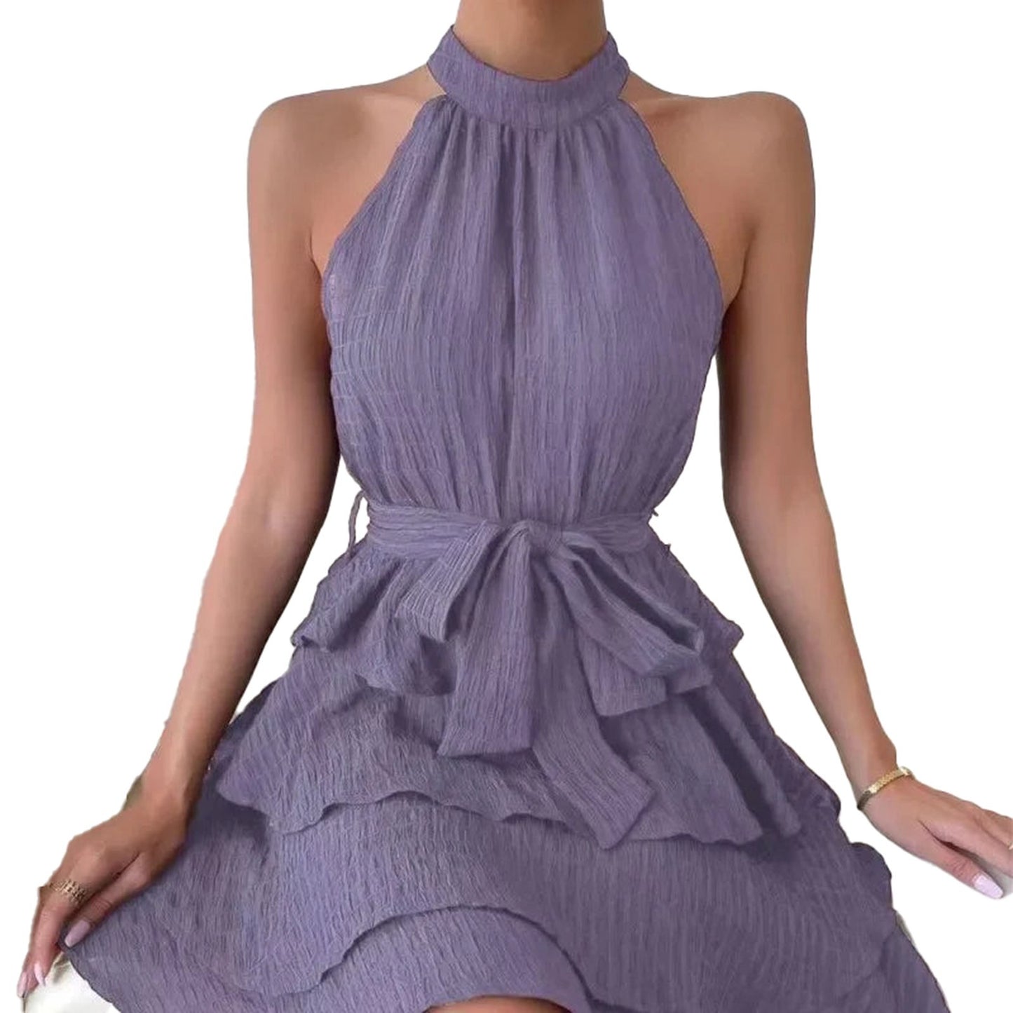 Elegant red halter mini dress for women featuring a flowing skirt and bow tie waist detail