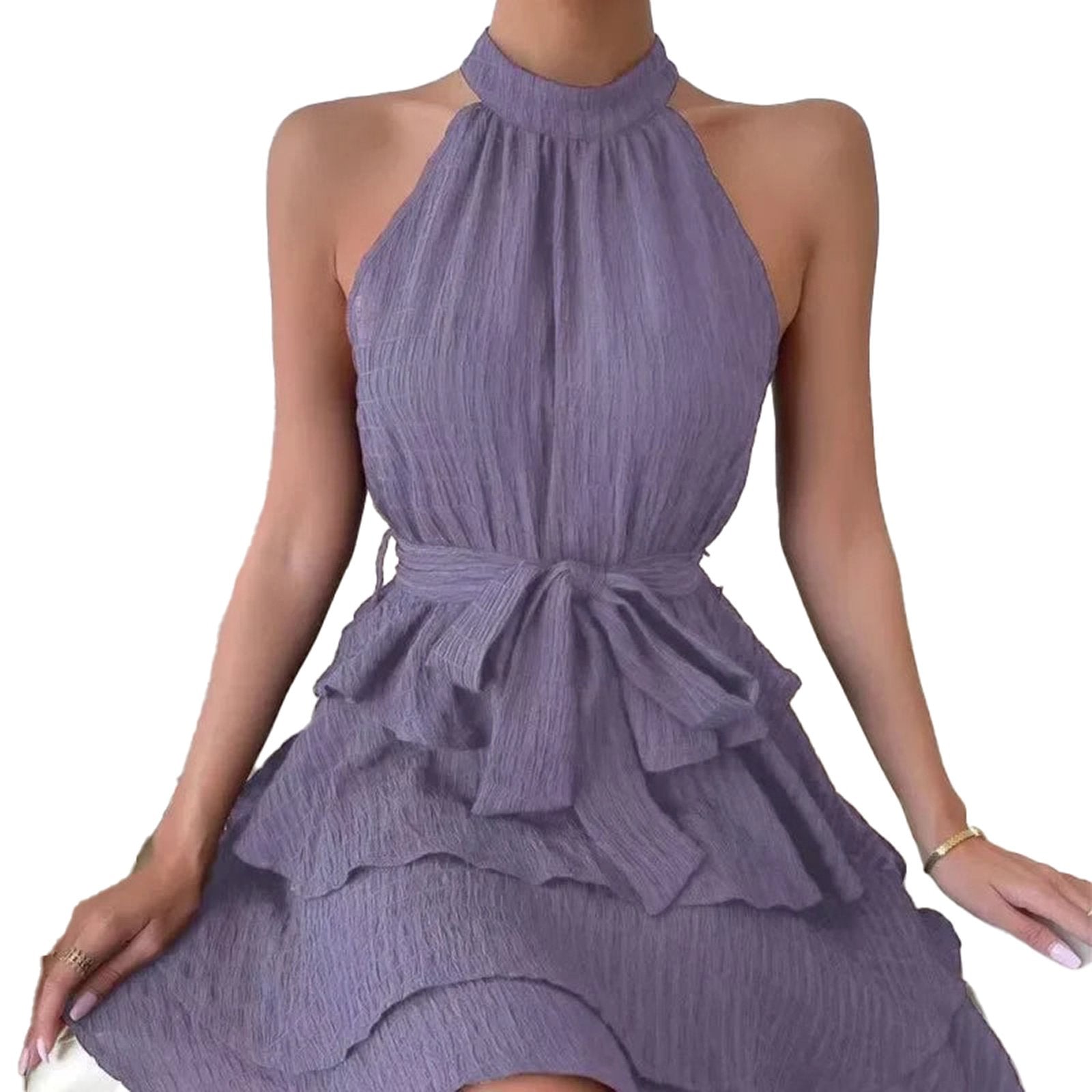 Elegant red halter mini dress for women featuring a flowing skirt and bow tie waist detail