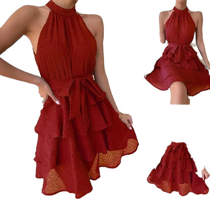 Red halter mini dress for women with layered ruffles and a tie waist for a stylish summer look