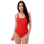 Red one-piece swimsuit for women with a scoop neckline and fitted design