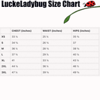 LuckeLadybug size chart for one-pieces showing chest waist and hips measurements in inches from XS to 3XL