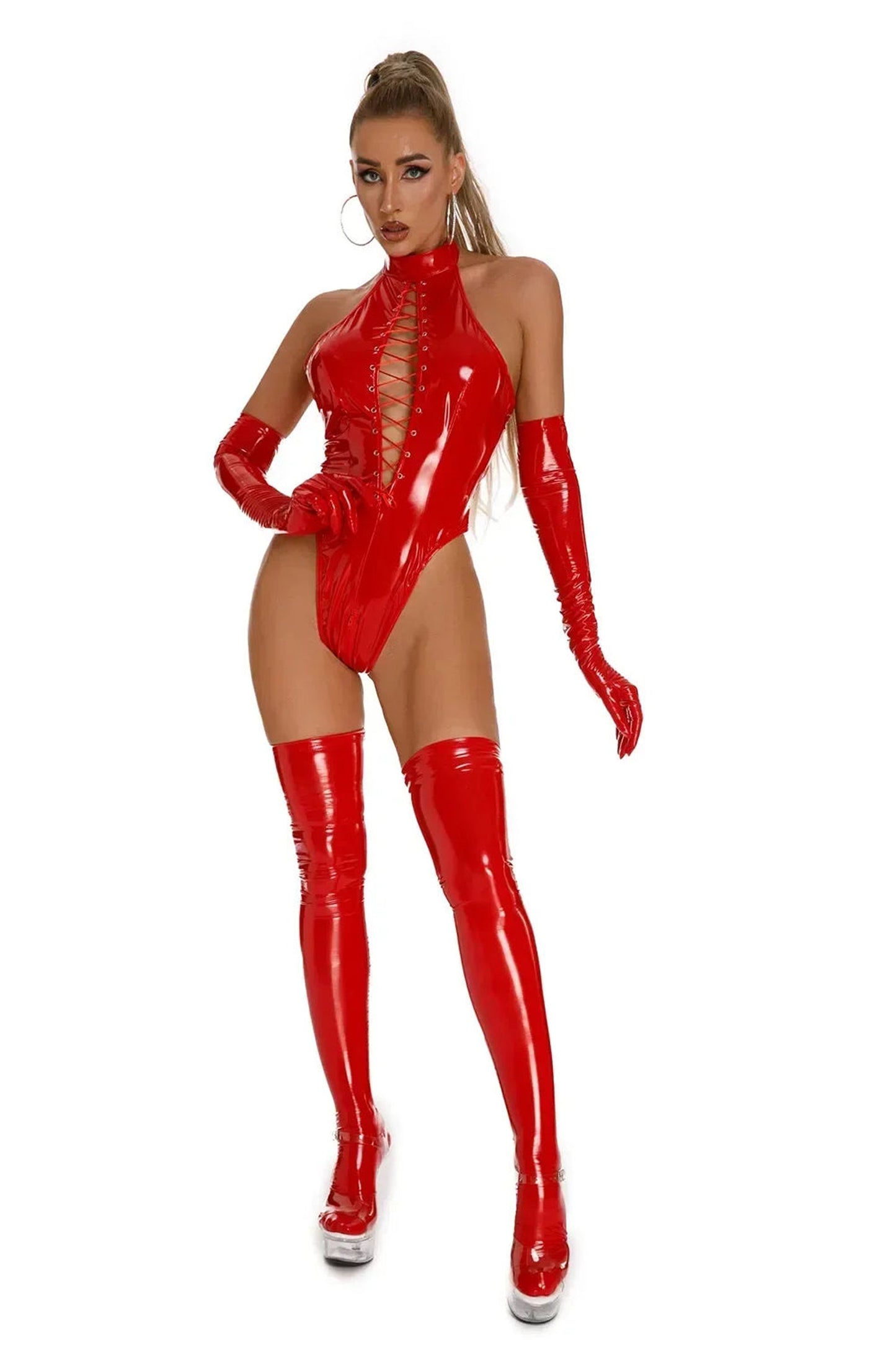 Daring red patent leather lingerie bodysuit with high neck and cut-out detailing for a bold look