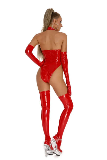 Model wearing a red patent leather lingerie bodysuit with matching gloves and thigh-high boots