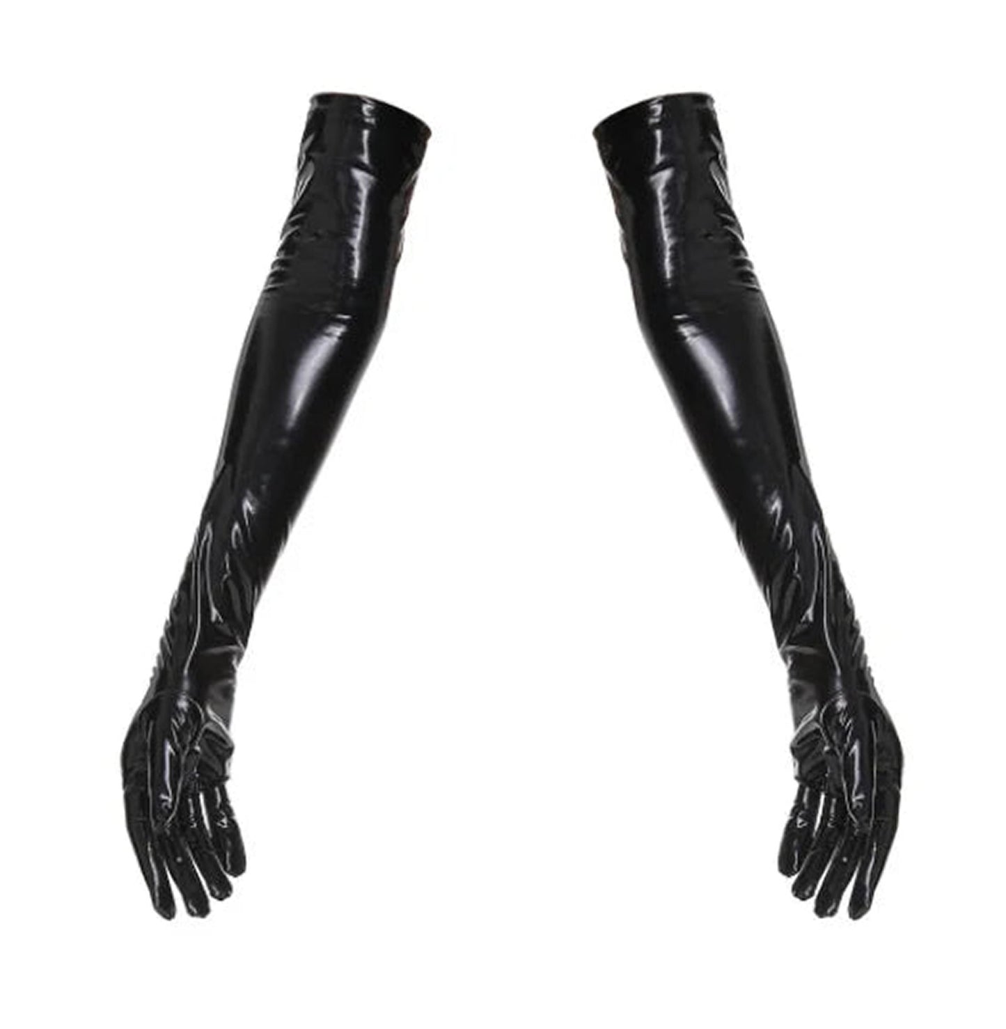 Black long gloves made from shiny material for adding flair to outfits or lingerie sets