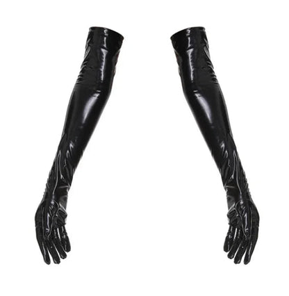 Black long gloves made from shiny material for adding flair to outfits or lingerie sets