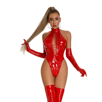 Seductive red patent leather lingerie bodysuit with lace-up design and matching gloves for bold fashion statements