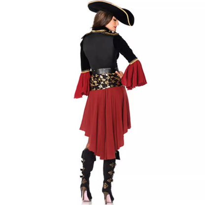 Elegant red pirate costume for women featuring a flared skirt and elegant sleeves