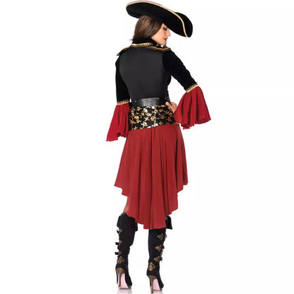Stylish red pirate costume for women featuring a black top, bell sleeves, and a dramatic hat