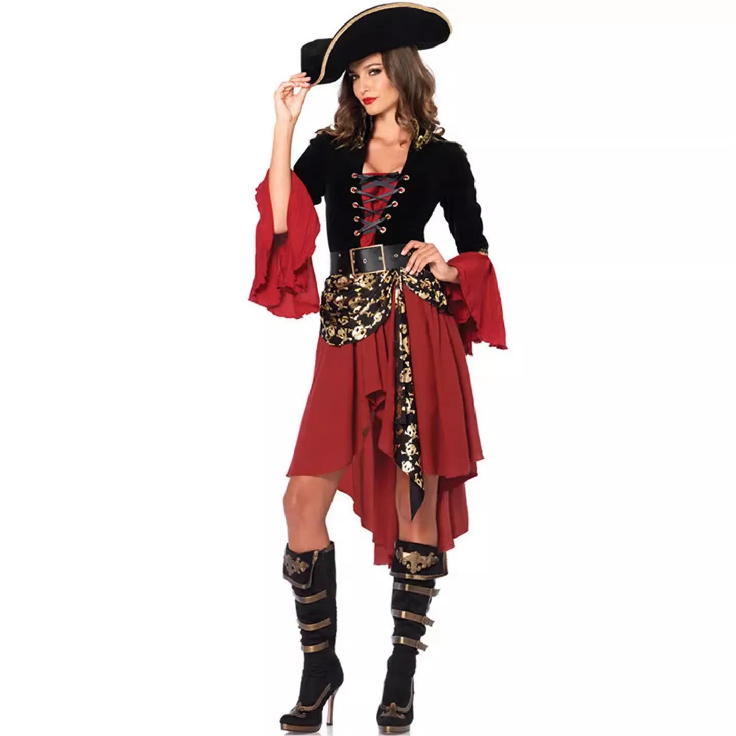 Red pirate costume for women with a stylish black top, flowing skirt, and wide-brimmed hat