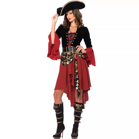 Red pirate costume for women with a stylish black top, flowing skirt, and wide-brimmed hat
