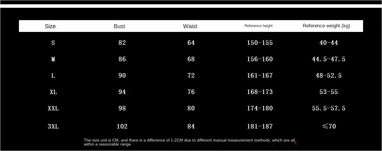Red pirate costume for women with size chart detailing bust, waist, height, and weight measurements