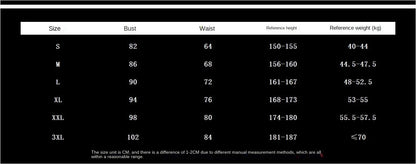 Red pirate costume for women with size chart detailing bust, waist, height, and weight measurements