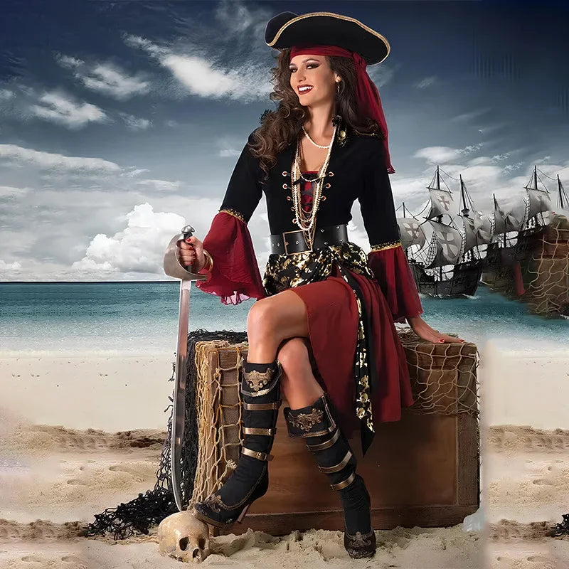Elegant red pirate costume for women featuring a corset top and flowing skirt, perfect for themed parties
