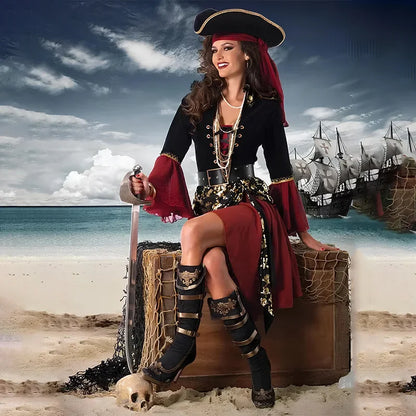 Elegant red pirate costume for women featuring a corset top and flowing skirt, perfect for themed parties