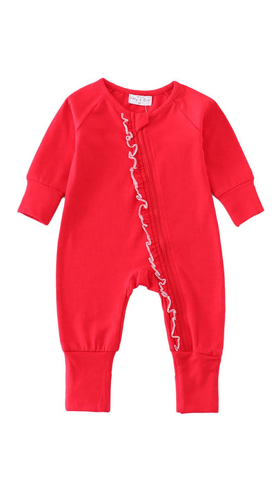 Adorable Red Ruffle Zip Girl Pajama Romper - Perfect Pick For Stylish Babies And Toddlers! - LuckeLadybug LLC