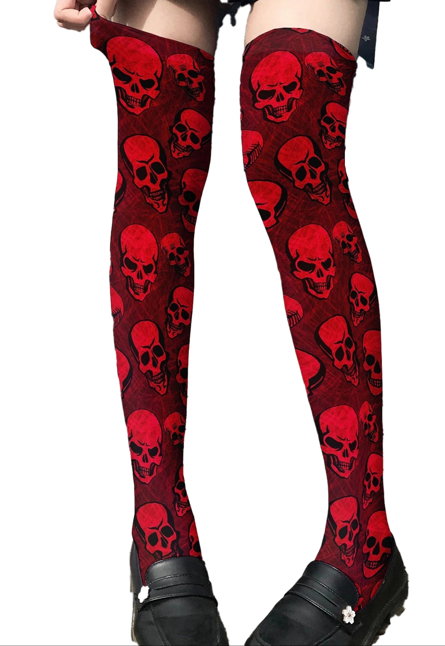 Red skull print thigh high stockings by LuckeLadybug LLC featuring a bold skull design
