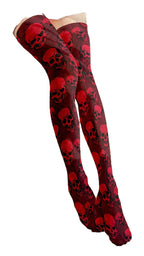Red skull print thigh high stockings featuring a stylish skull design for bold fashion statements
