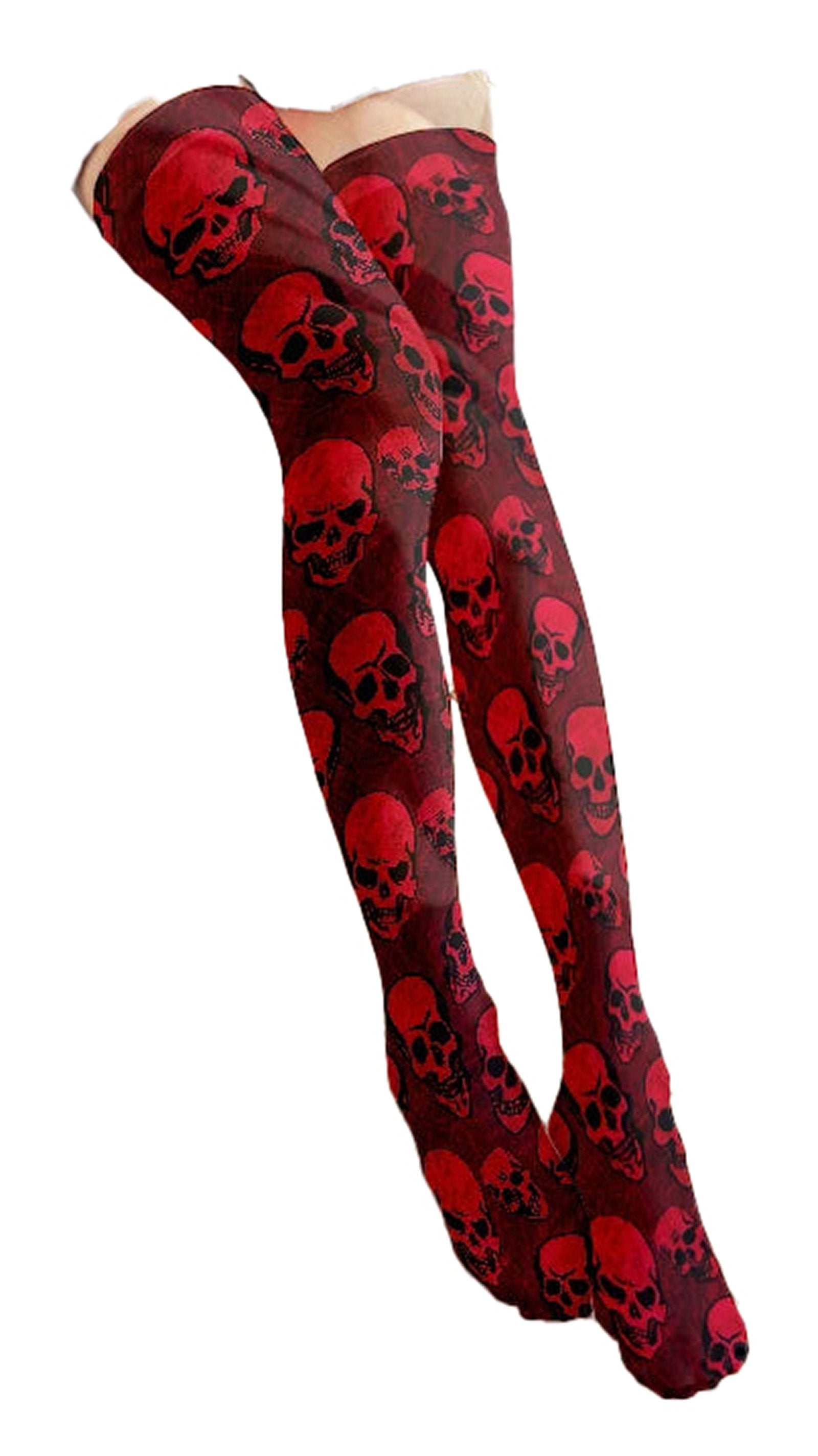 Red skull print thigh high stockings featuring a stylish skull design for bold fashion statements