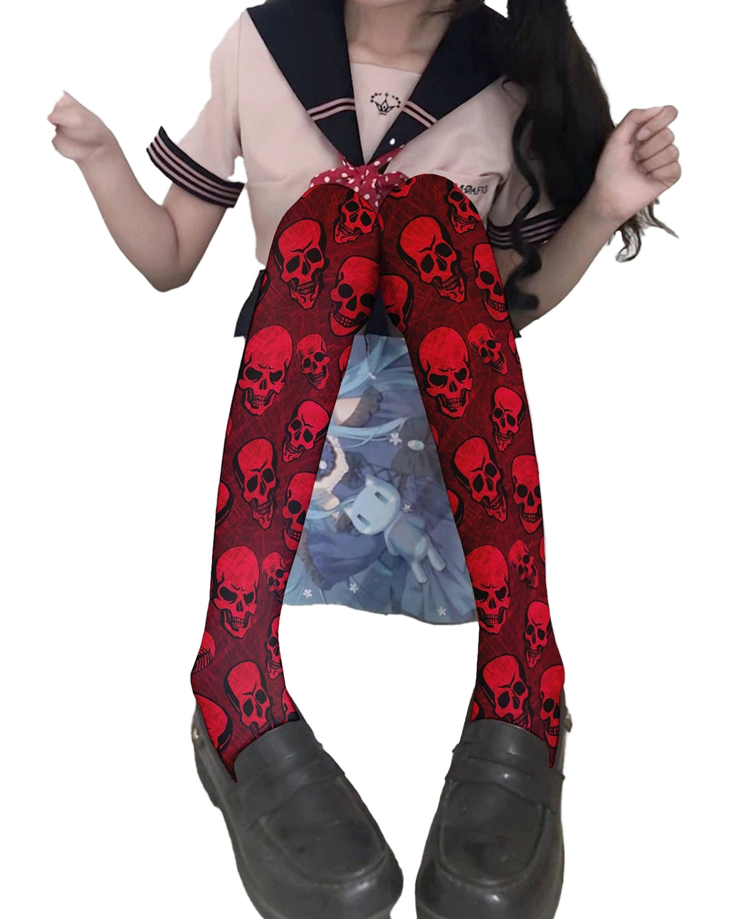 Red skull print thigh high stockings with a bold design for a stylish and edgy look