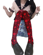Red skull print thigh high stockings with a bold design for a stylish and edgy look