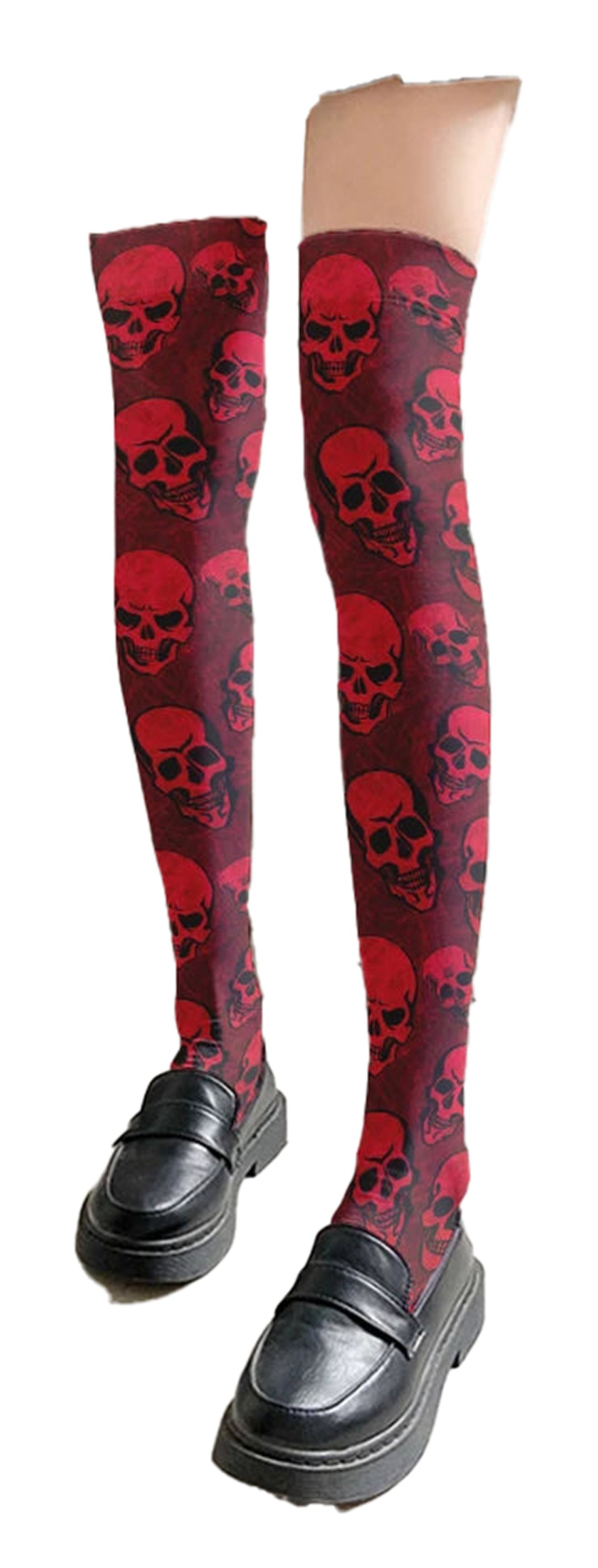Red skull print thigh high stockings from LuckeLadybug LLC featuring a bold skull design