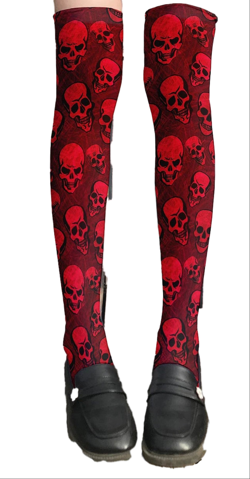 LuckeLadybug red skull print thigh high stockings featuring a bold skull design for a stylish look