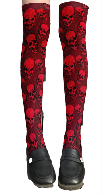 LuckeLadybug red skull print thigh high stockings featuring a bold skull design for a stylish look