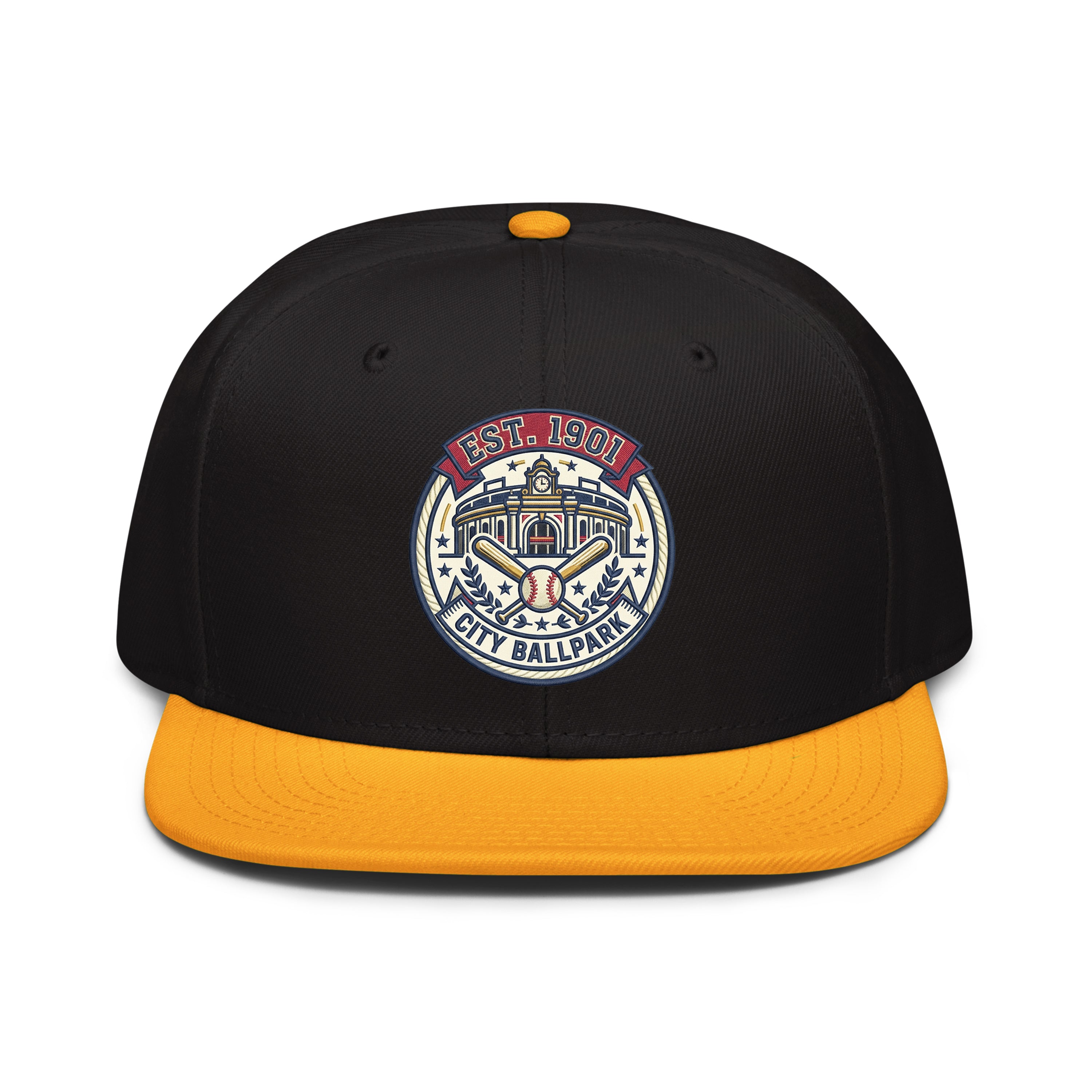 LuckeLadybug Snapback Hat featuring a black body and yellow brim with a vintage red sox ballpark design