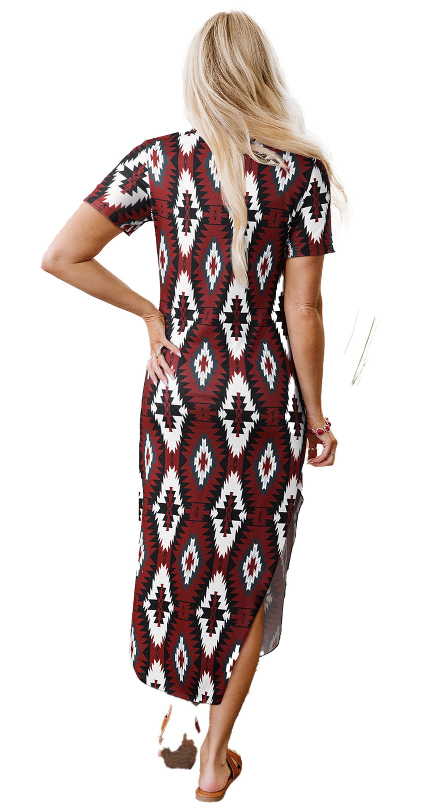 Back view of a red western Aztec t-shirt dress featuring a stylish pattern and side slits