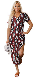 Red western Aztec t-shirt dress featuring a stylish slit and vibrant patterns for casual wear