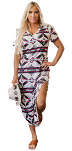 LuckeLadybug red western Aztec t-shirt dress with a stylish slit, perfect for casual summer outings