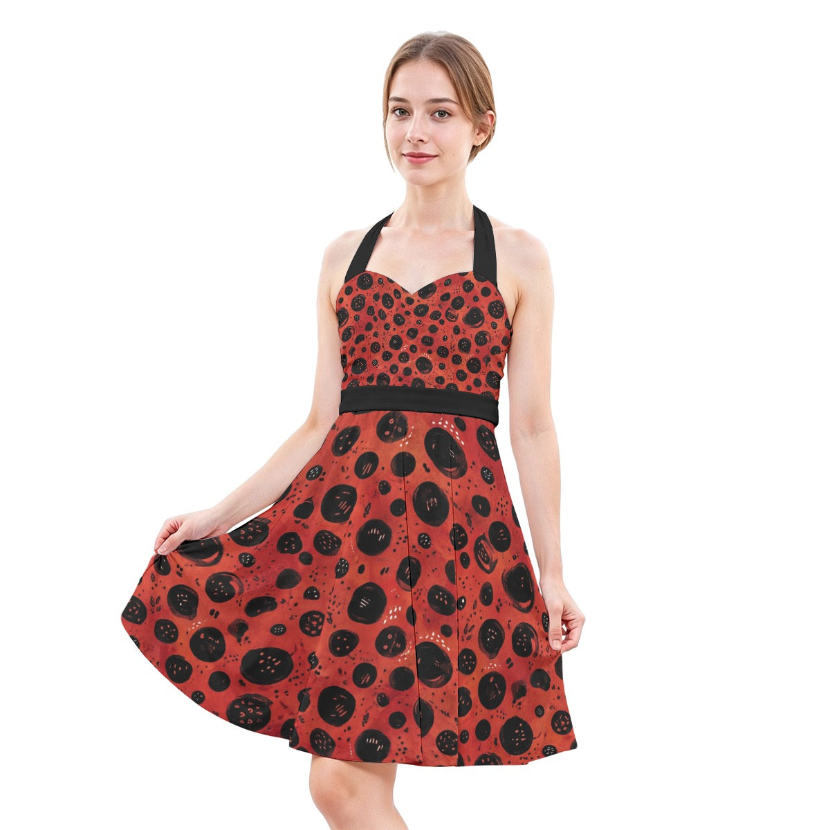 LuckeLadybug Fit & Flare Red Wing Dress Boot Print Dress with Halter Neckline and Flattering Silhouette