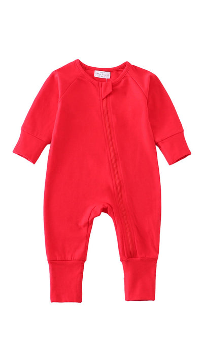 Adorable Red Zip Boy Pajama Romper: Cozy Comfort For Your Little Adventurer! - LuckeLadybug LLC