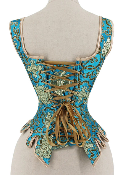 Back view of a blue renaissance corset top for women featuring decorative lacing and elegant design