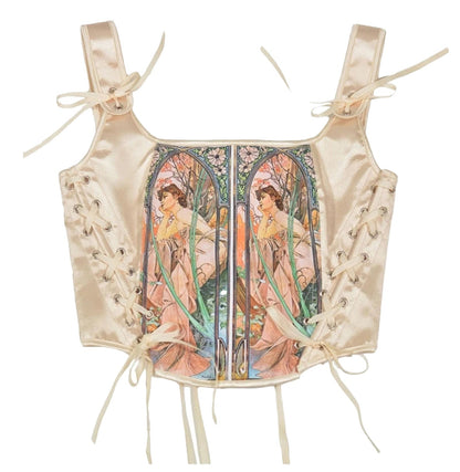 LuckeLadybug LLC Renaissance corset top for women in satin with artistic floral design and lacing detail