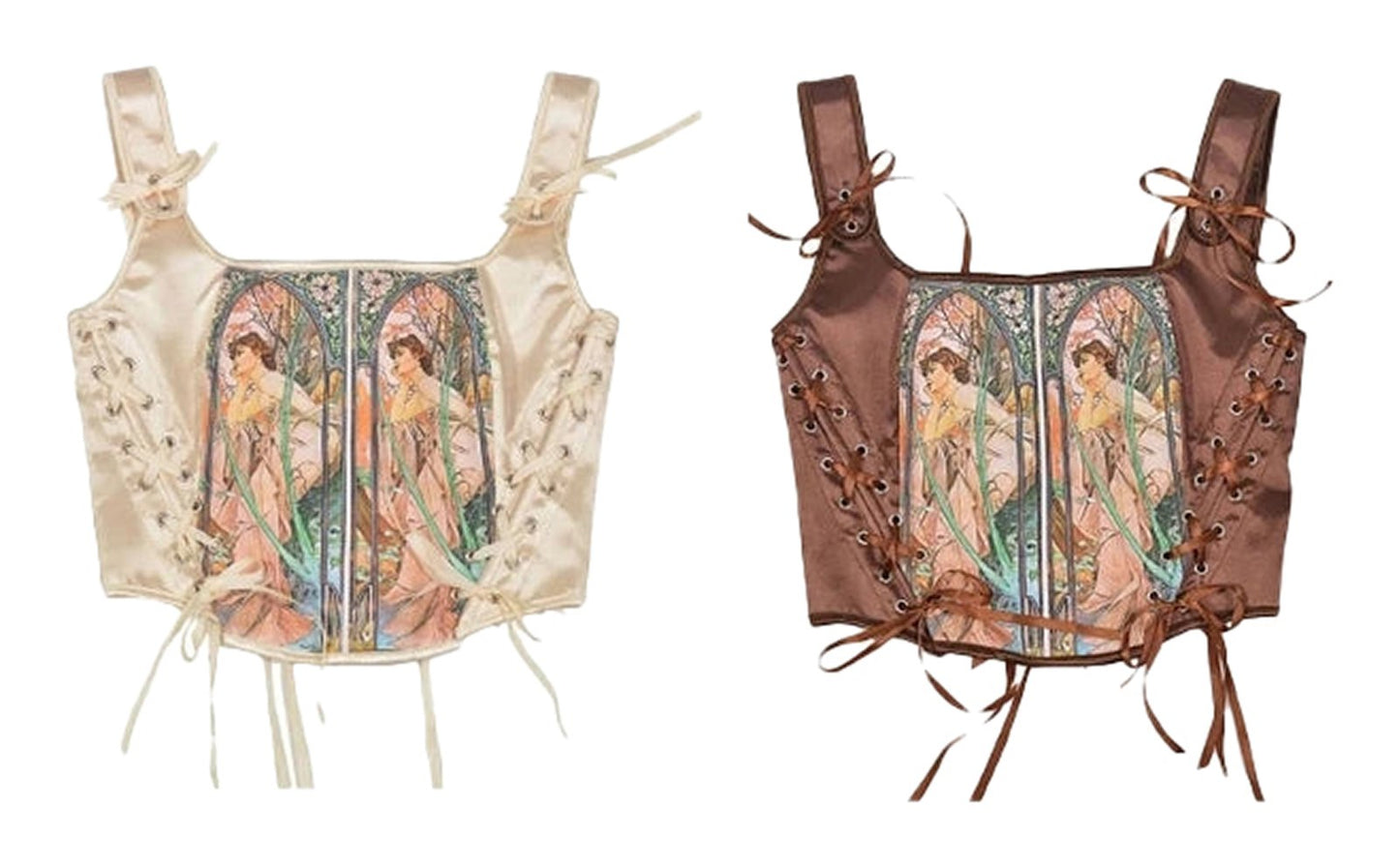 LuckeLadybug LLC Renaissance corset top for women in cream and brown with floral art design and lace-up sides