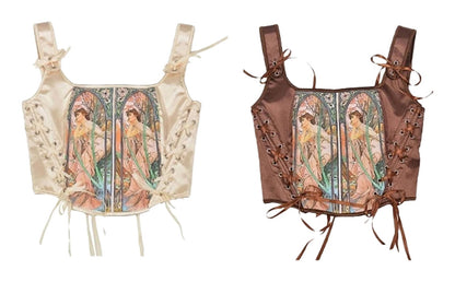LuckeLadybug LLC Renaissance corset top for women in cream and brown with floral art design and lace-up sides