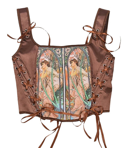 LuckeLadybug LLC Renaissance corset top for women in brown satin with floral design and lace-up details